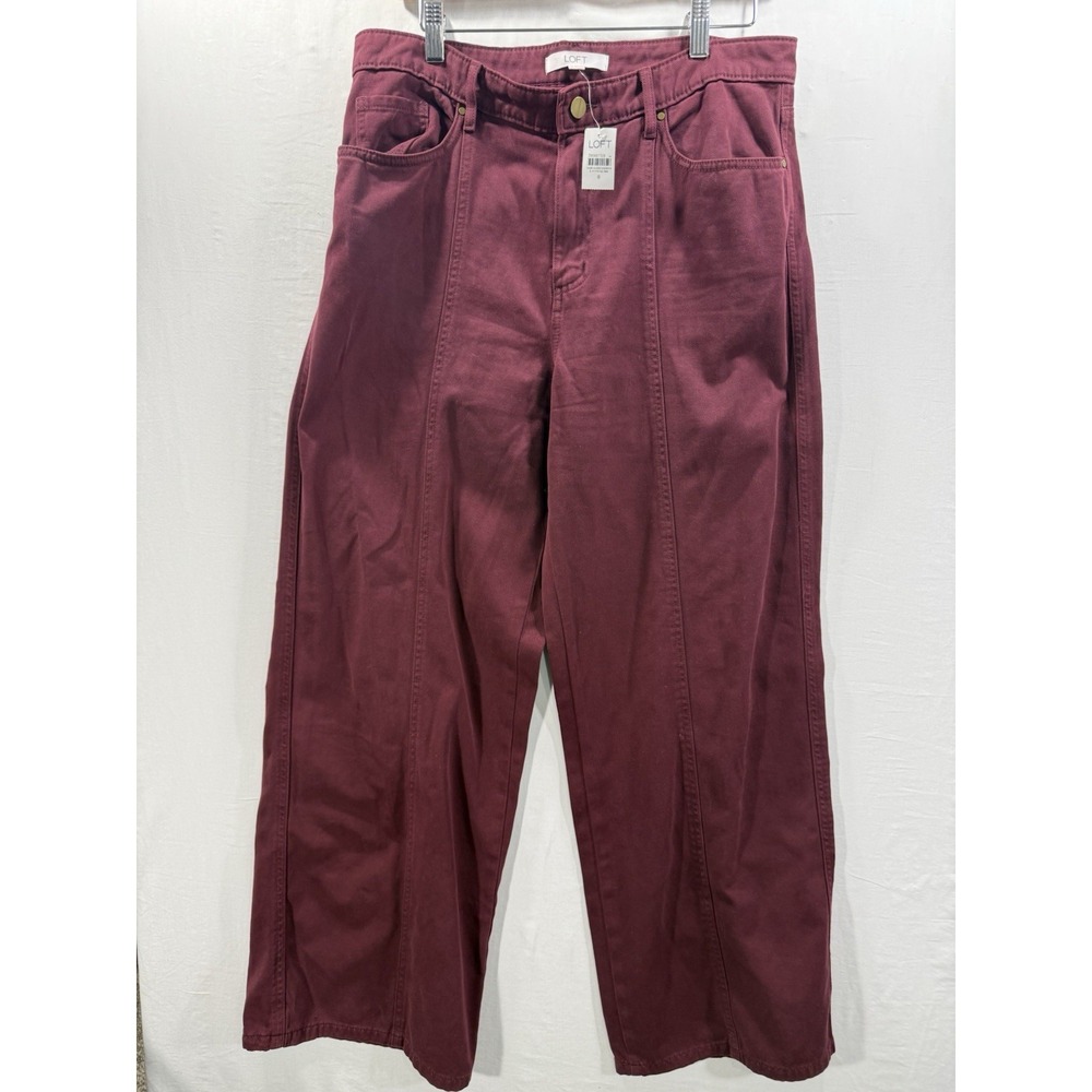 NWT LOFT Wide Leg Seamed FrontJeans Women Size 8 Burgundy High Rise Cotton Pants
